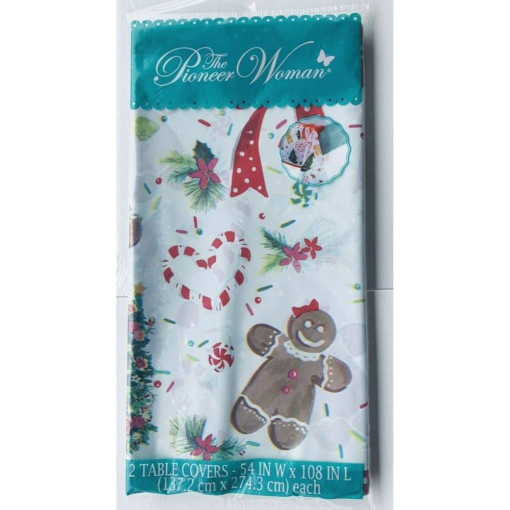 2 The Pioneer Woman Gingerbread Man Plastic Table Covers 54x108 Red Polka Teal - Picture 4 of 14
